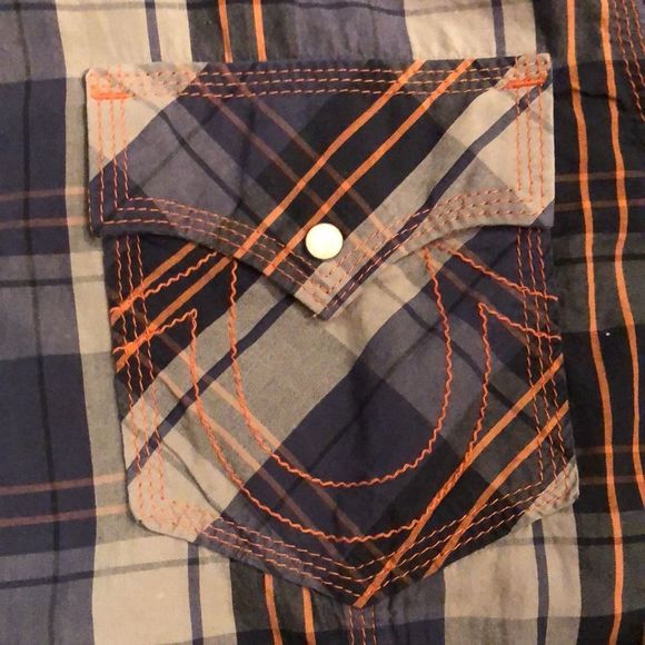 TRUE RELIGION Long Sleeve Navy Tan Orange Plaid Western Button Down Shirt 3XL - Picture 6 of 10